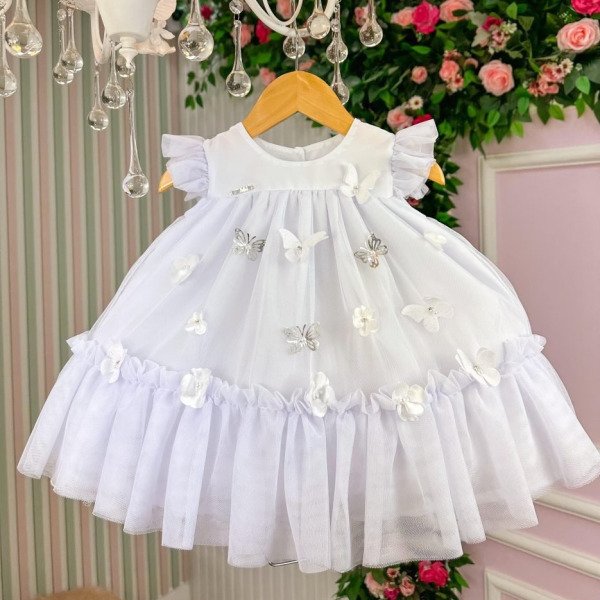 Vestido Vila Lele Jardim das Borboletas Baby Liz Branco