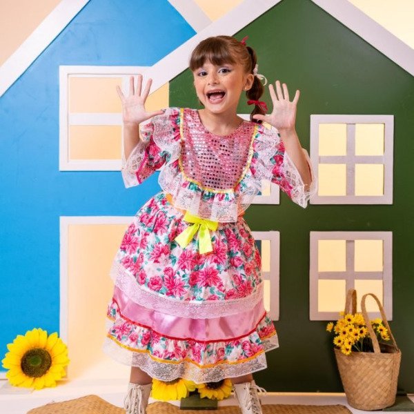 Vestido Junino Bell Luxo Arraia do Brilho Rosa Bebe