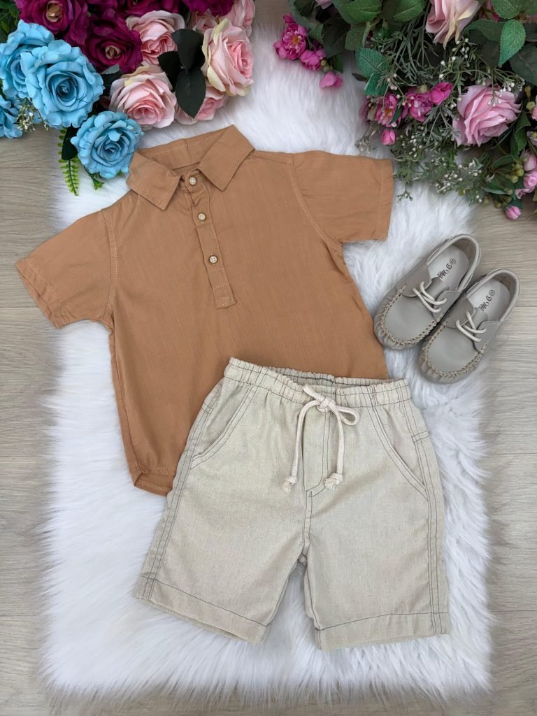 Conjunto Meninos Lucas Banana Club Shorts Camisa Marrom