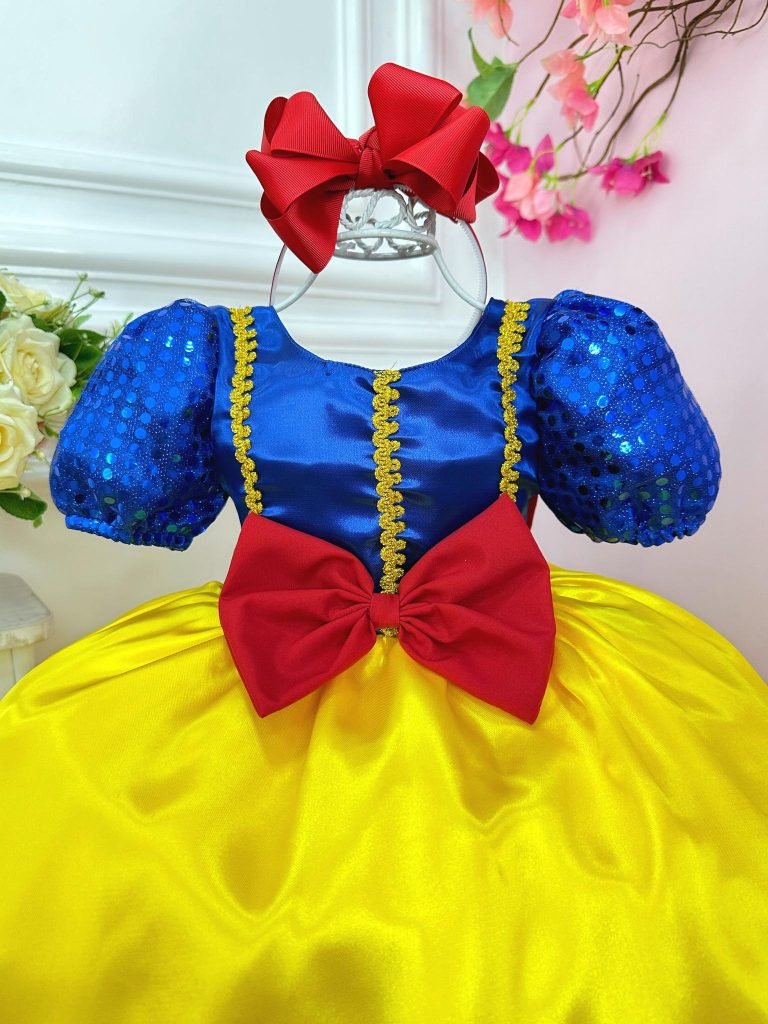 Vestido Infantil Branca de Neve Amarelo C/ Aplique Laço