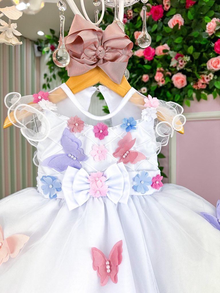 Vestido Marie Branco Jardim Encantado Laço Borboletas Coloridas