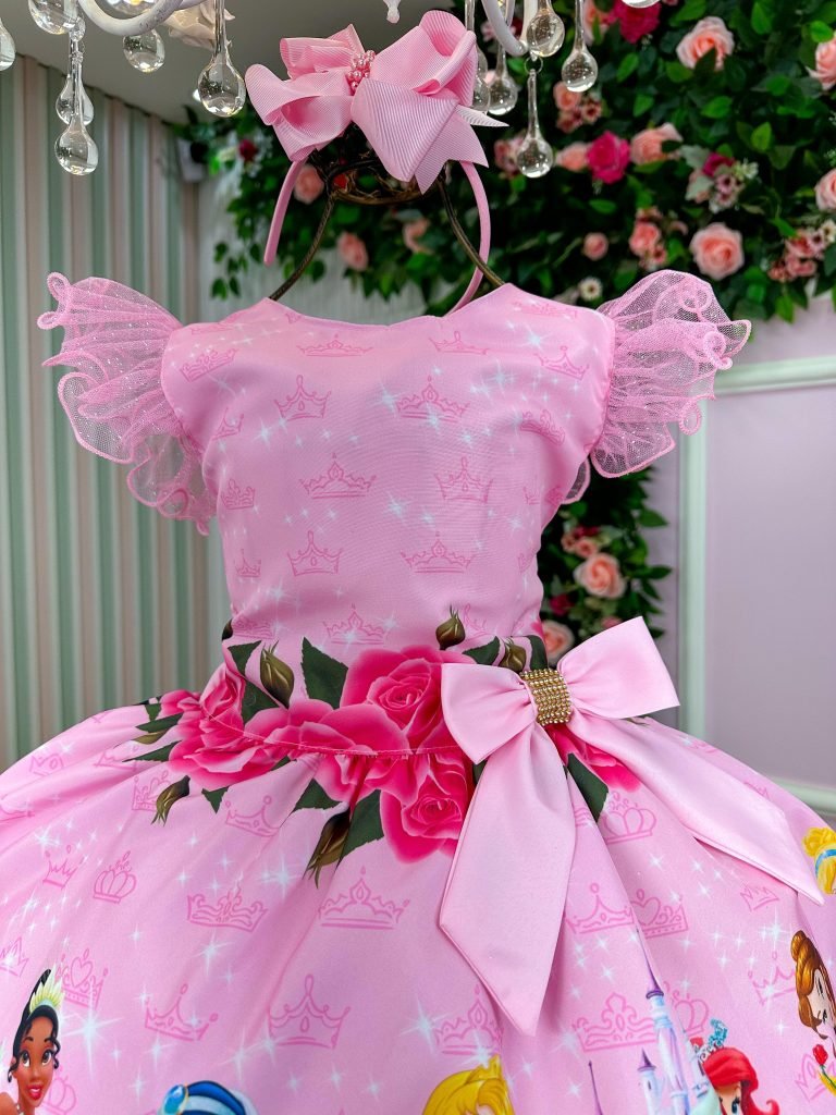 Vestido Tematicos Luxo Princesas Disney Rosa Manga Tule