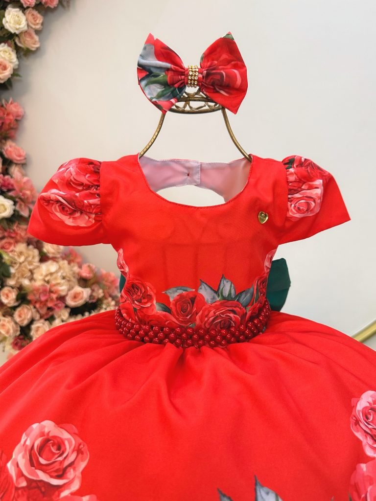 Vestido Infantil Vermelho C/ Rosas e Laço Festas Daminhas
