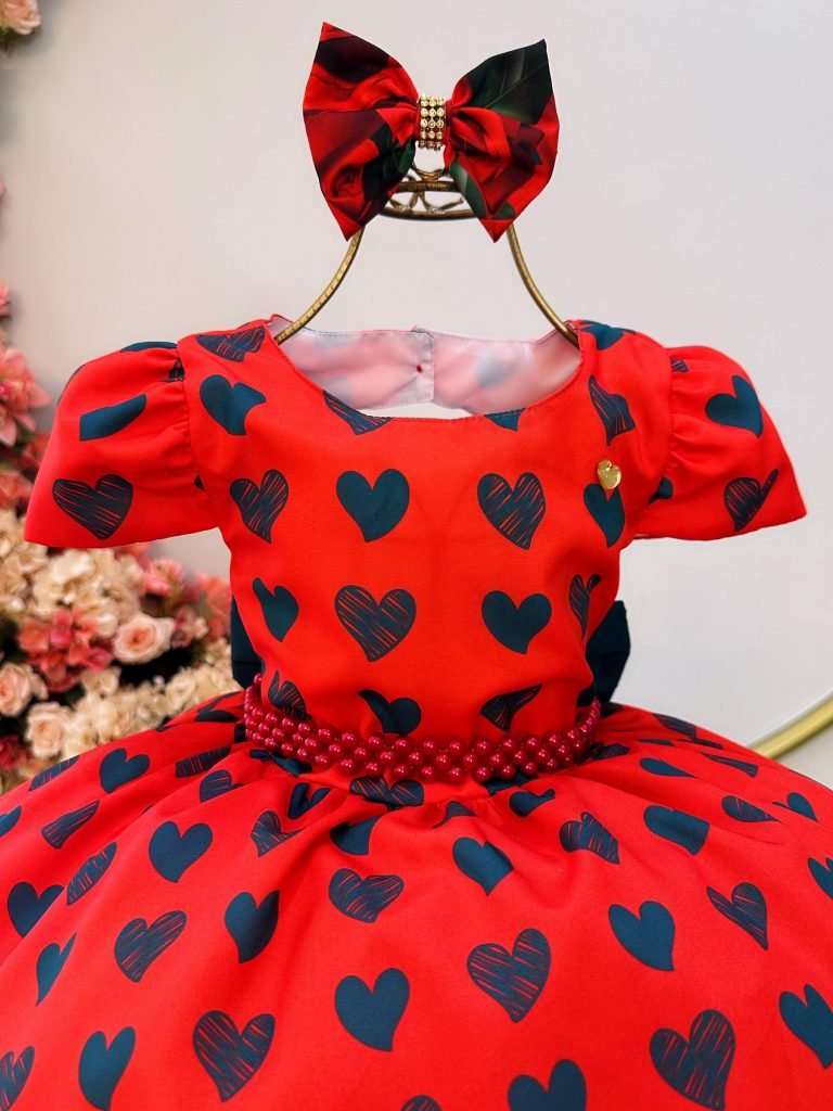 Vestido Infantil Vermelho C/ Corações e Rosas Laço Festas