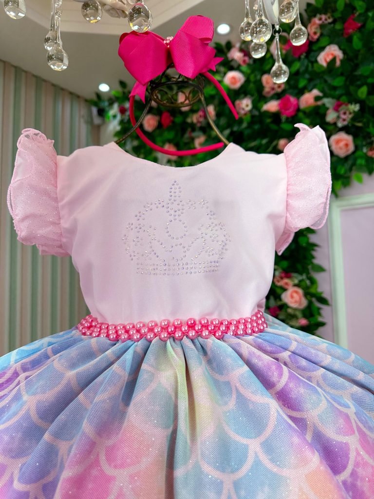 Vestido Ysa Kids Tematico Sereia – Fundo do Mar Rosa