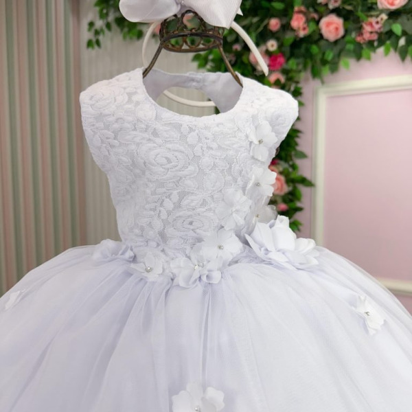 Vestido Vila Lele Bebe Sarah Flores Branco