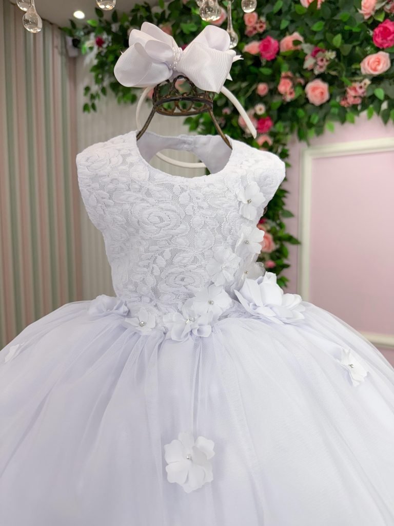 Vestido Vila Lele Bebe Sarah Flores Branco