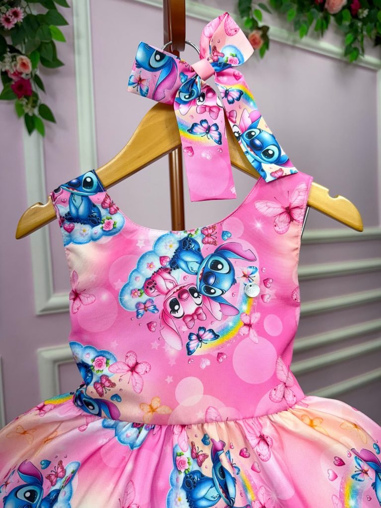 Vestido Tematicos Kids Stitch e Angel Rosa