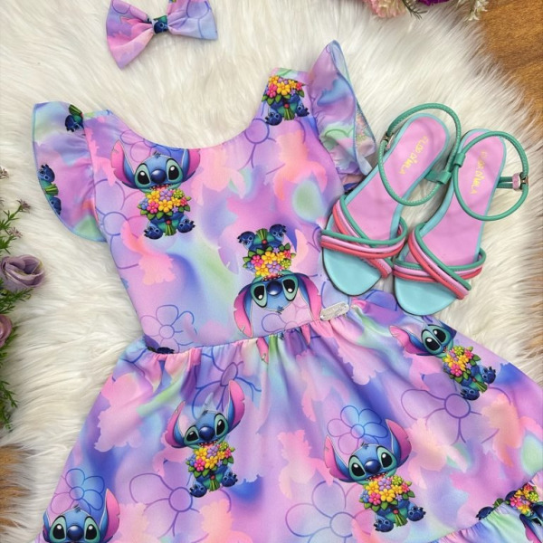 Vestido Infantil Lilo Stitch e Angel C/ Laço Lilás Colorido