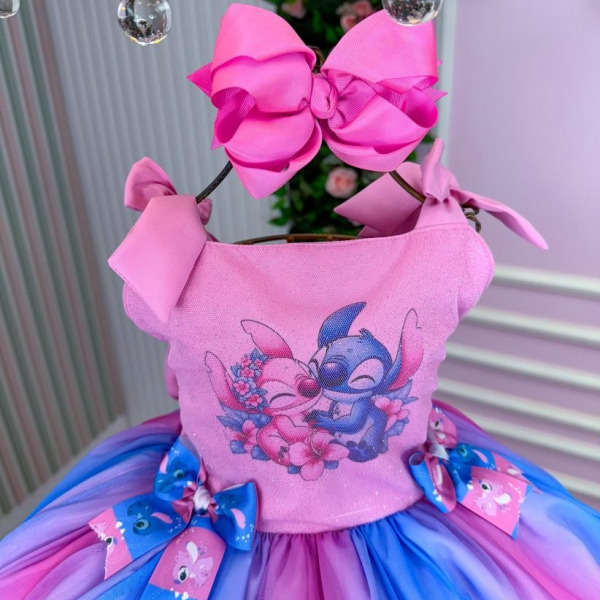 Vestido Tematico Luxo Stitch e Angel Rosa