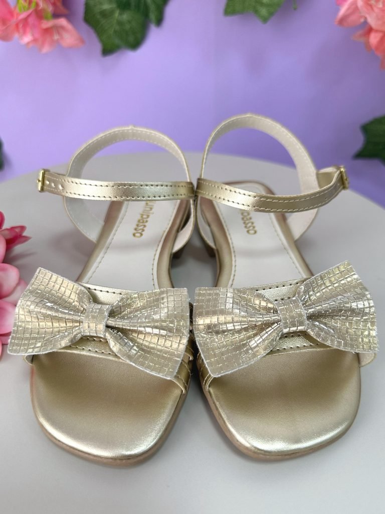Sandália Infantil de Tiras Dourado Com Laço e Glitter Luxo