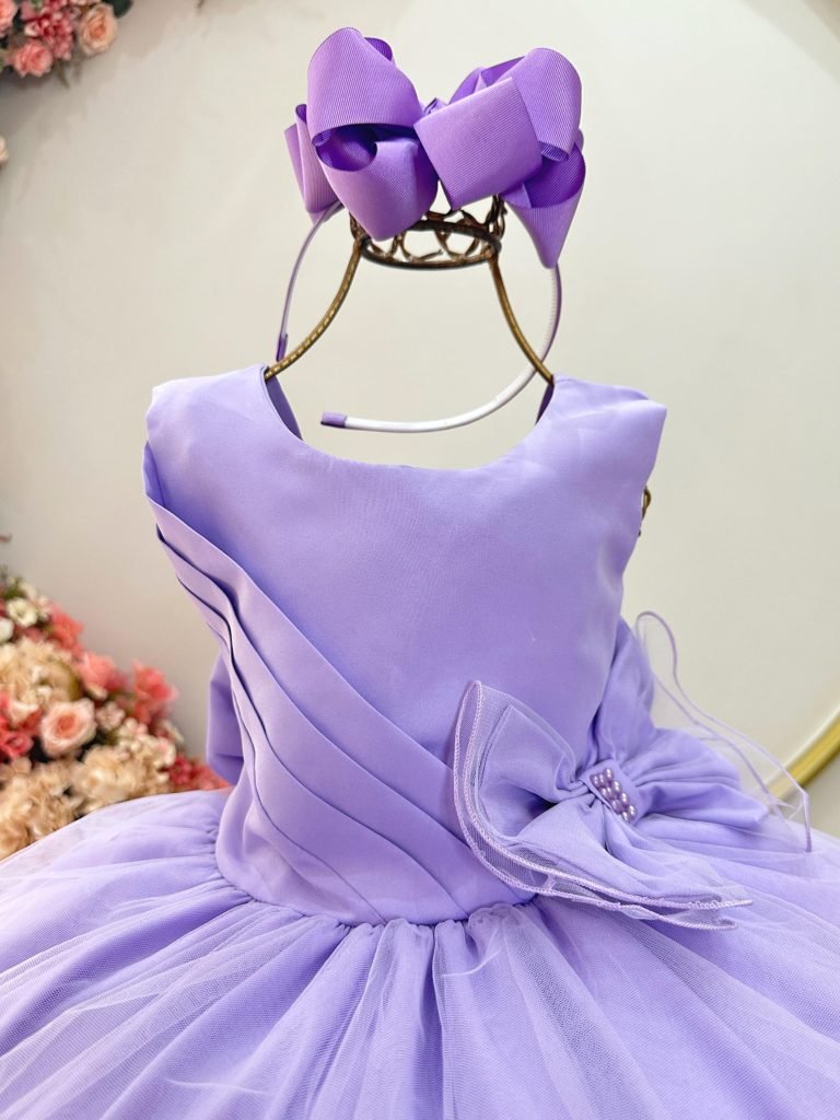 Vestido Infantil Lilás Busto Drapeado Aplique Laço Damas