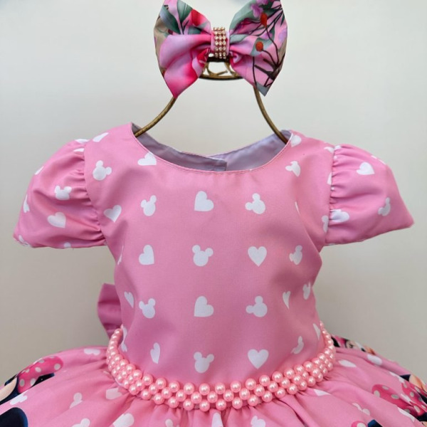 Vestido Infantil Rosa Minnie Florido Com Laço Festas