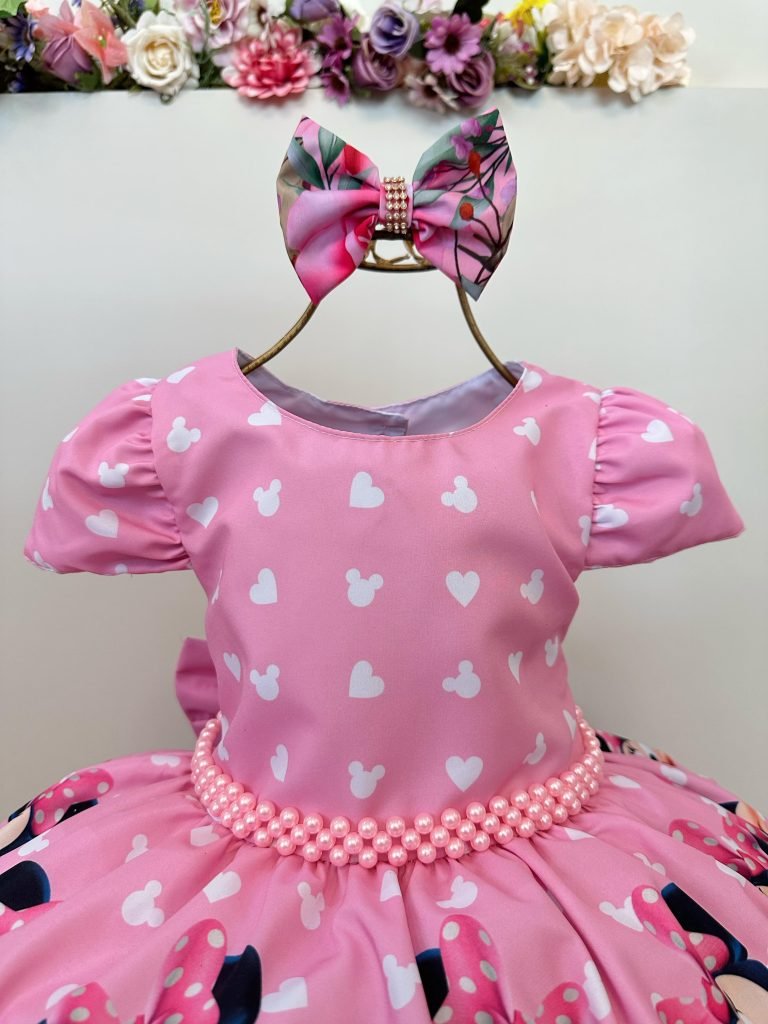 Vestido Infantil Rosa Minnie Florido Com Laço Festas