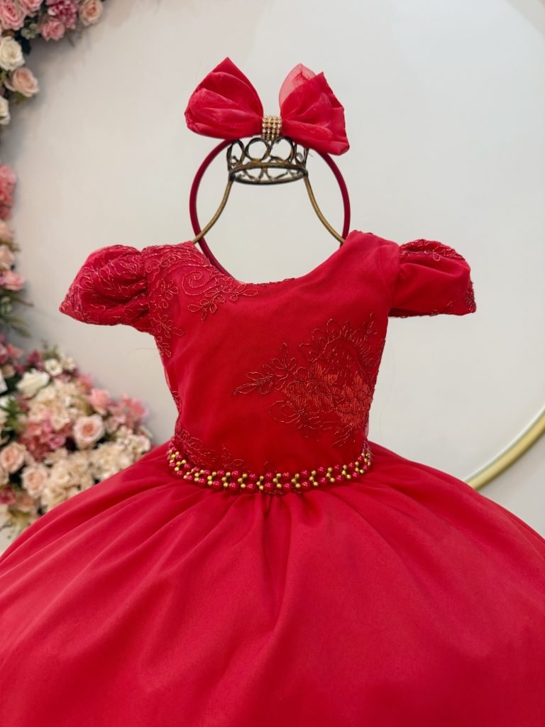Vestido Infantil Vermelho Renda Metalizada C/ Tiara Daminhas
