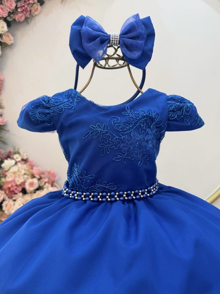 Vestido Infantil Azul Royal Renda Metalizada C/ Tiara Daminhas