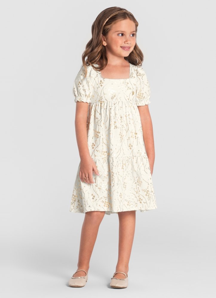 Vestido Infantil em Cotton com detalhes dourado Mundi