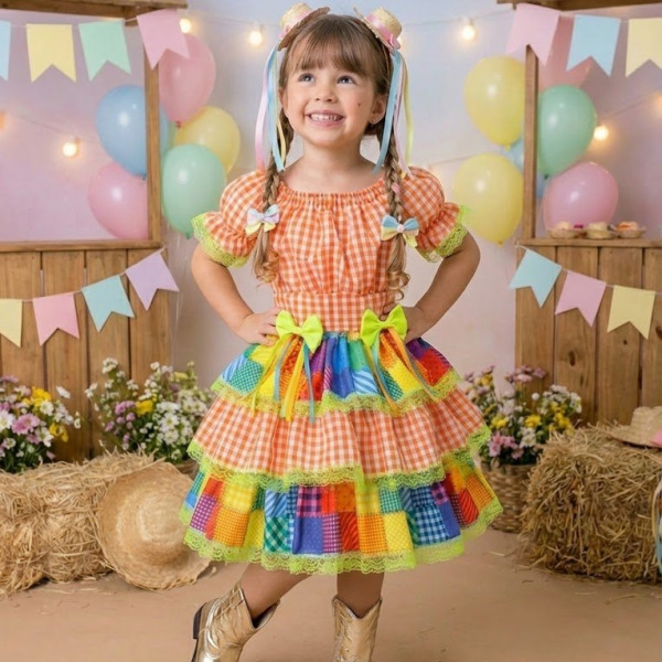 Vestido Junino Banana Club Luxo Quermesse do Sertão Laranja