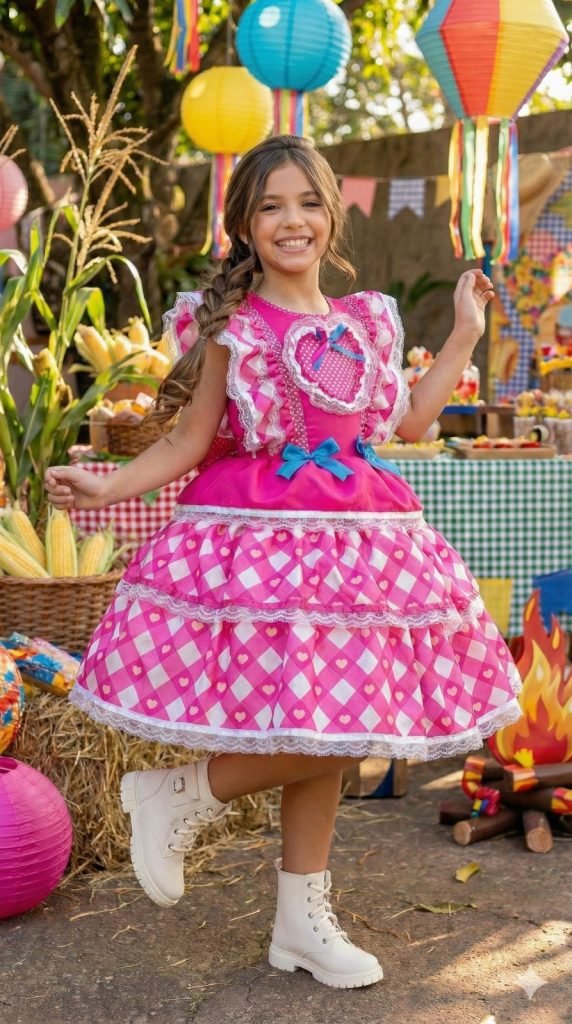 Vestido Bella Child Junino Quermesse do Coração Pink