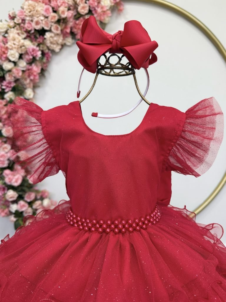 Vestido Infantil Vermelho Saia C/ Babados e Glitter Festas
