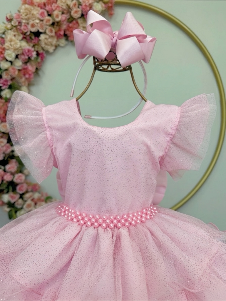 Vestido Infantil Rosa Claro Saia C/ Babados e Glitter Daminhas