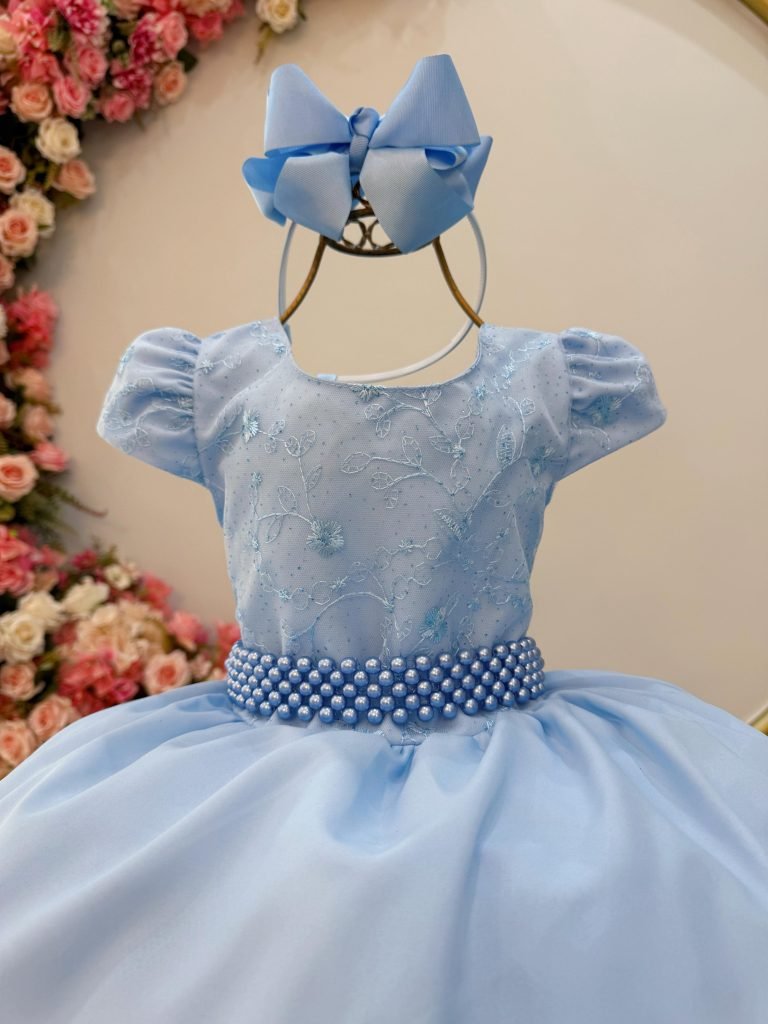 Vestido Infantil Azul Claro Busto C/ Renda Festas Daminhas