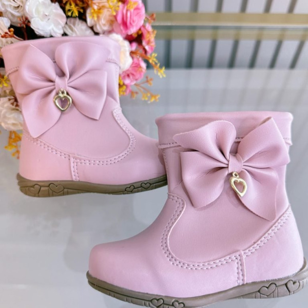Botinha Infantil Rosa Laço e Pinjente Com Zíper Super Luxo