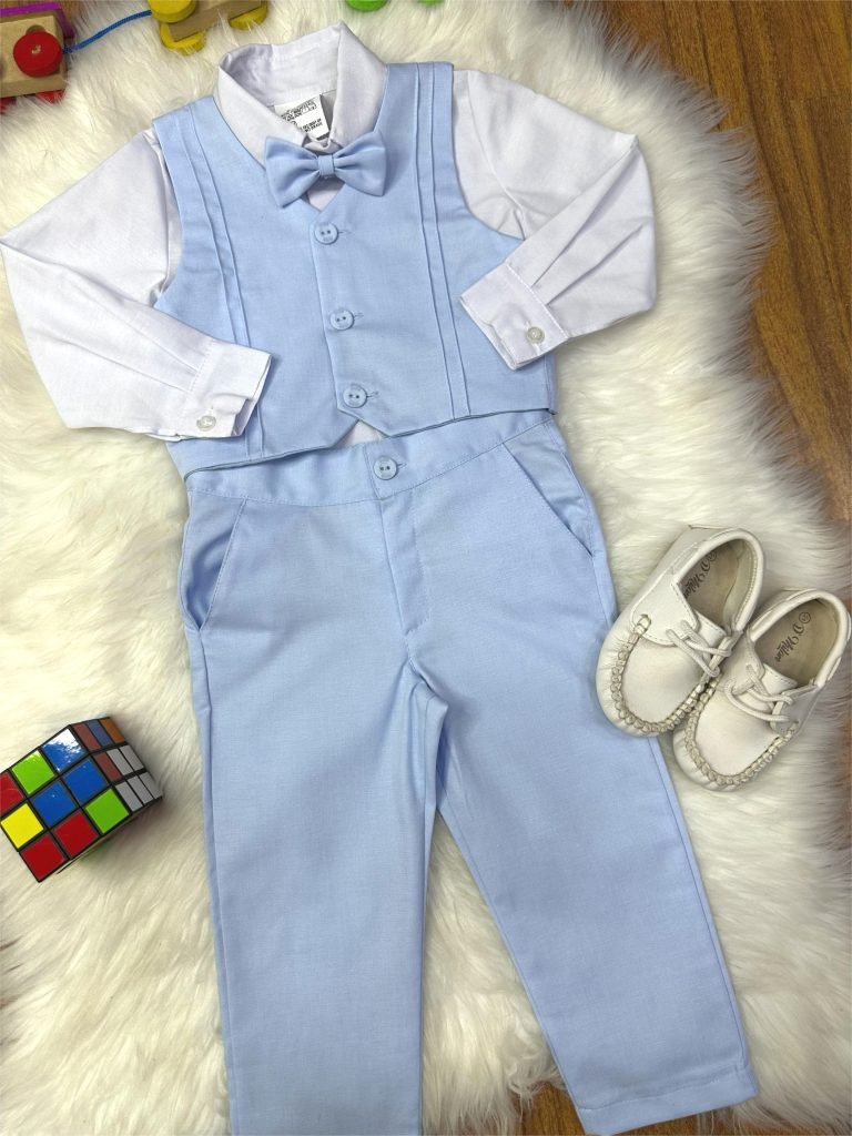 Conjunto Social Pajem Camisa Branca Calça e Colete Azul Claro