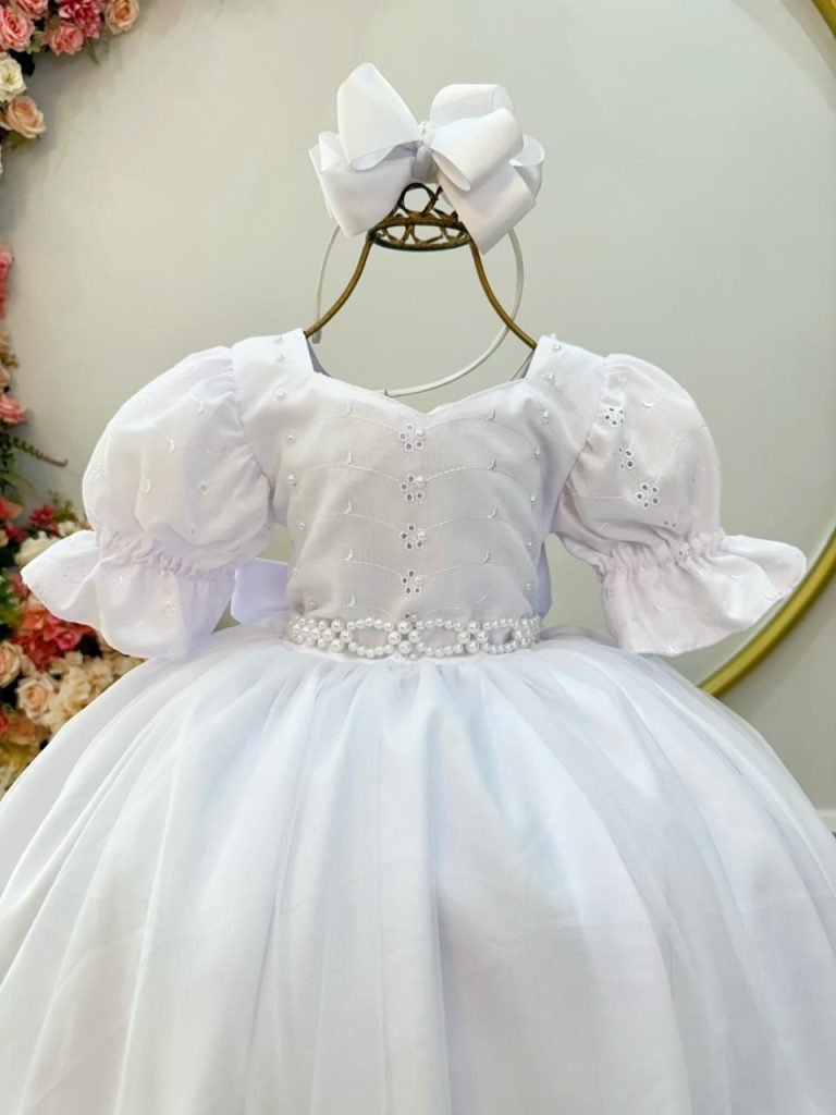 Vestido Infantil Branco Busto Bordado Daminhas Festas Luxo