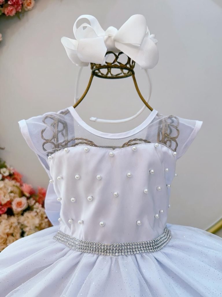Vestido Infantil Branco com Pérolas Saia C/ Glitter Daminhas