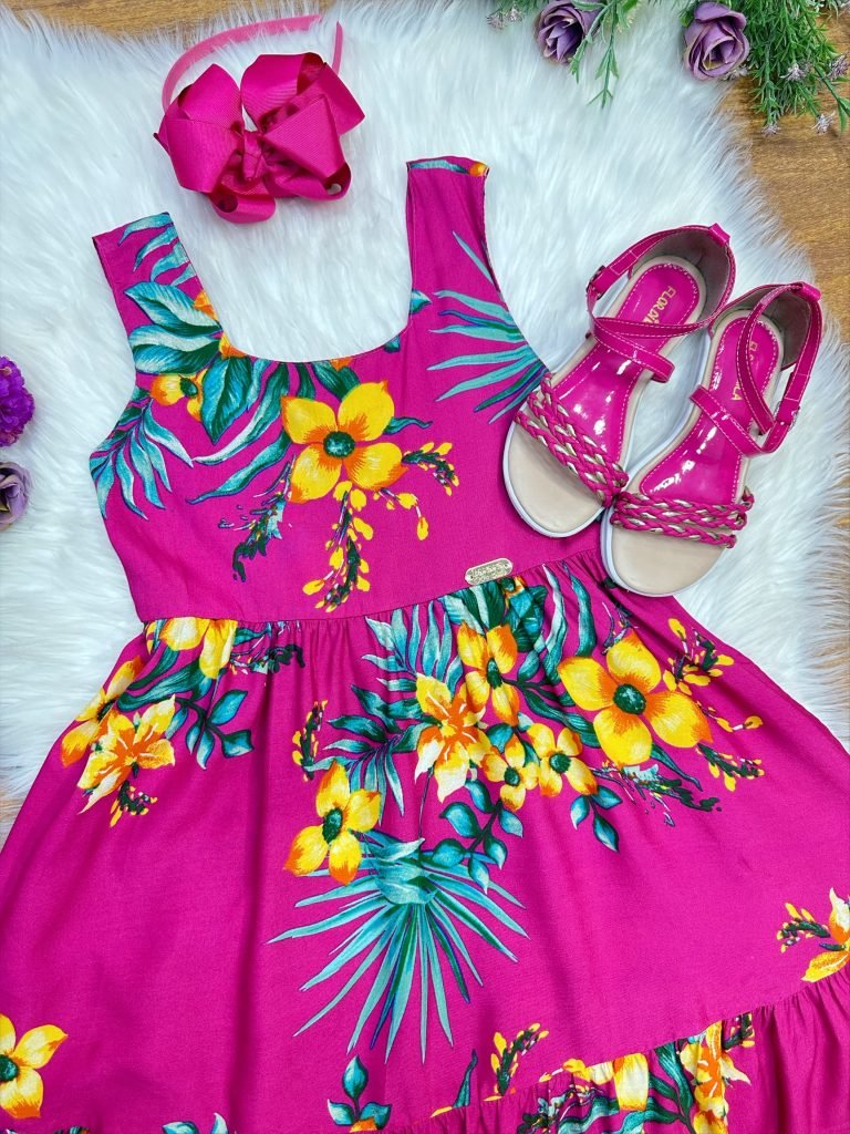 Vestido Infantil Casual Primavera Verão Pink Florido Colorido