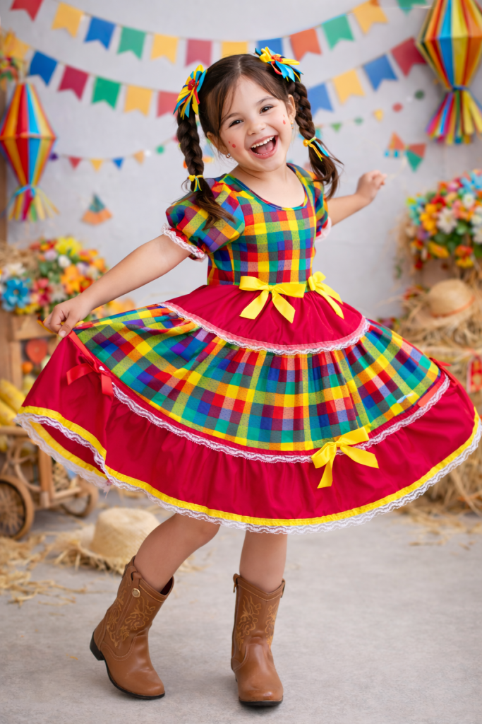 Vestido Infantil Junino Caipira Vermelho Xadrez Colorido Laços