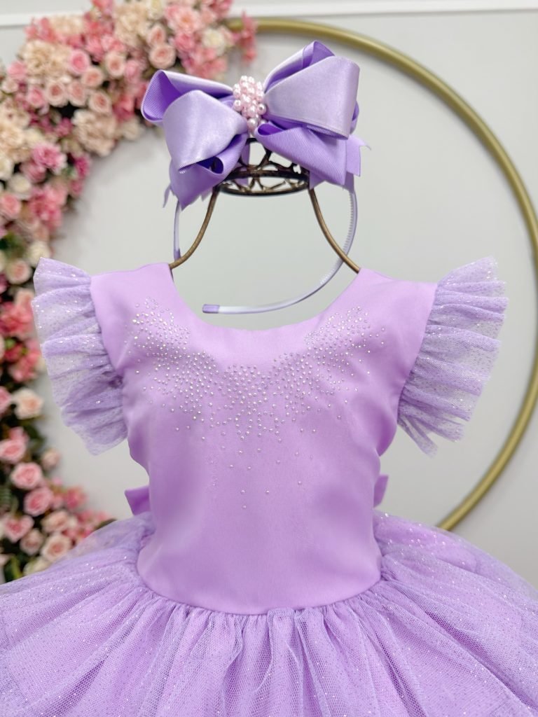 Vestido Infantil Lilás Busto C/ Strass Saia Babados Daminhas