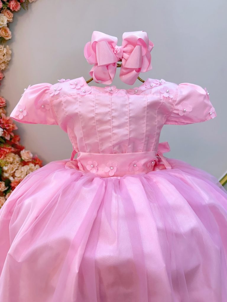 Vestido Infantil Longo Rosa Daminhas de Honra C/ Apliques