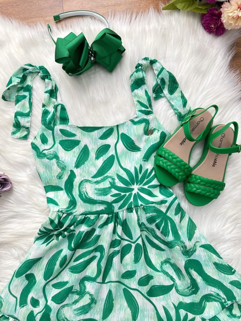 Vestido Infantil Primavera Verão Florido Verde Festas Casual