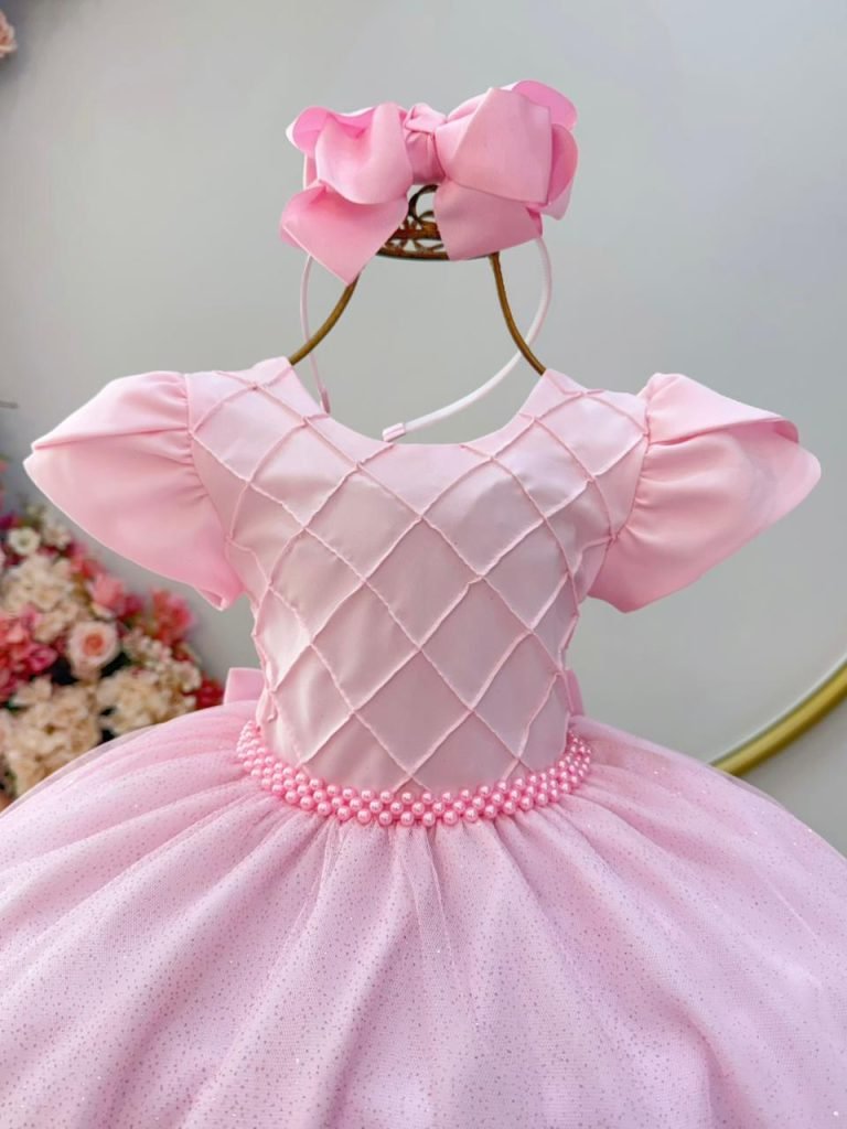 Vestido Infantil Rosa Claro C/ Busto Nervura Daminhas Festas