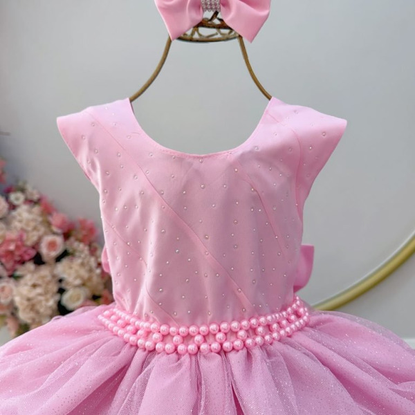 Vestido Infantil Rosa Saia C/ Babados e Glitter Daminha