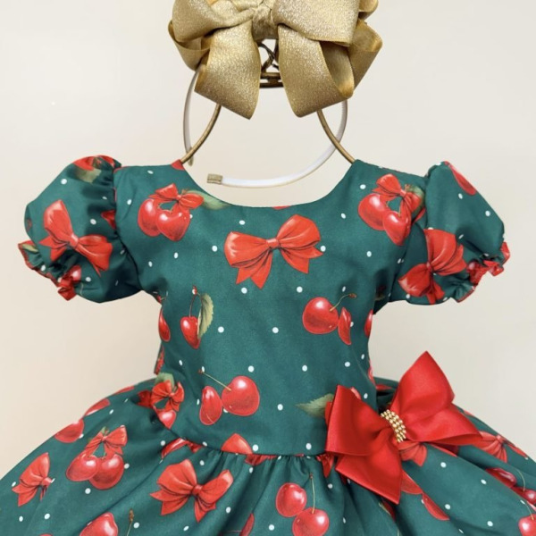 Vestido Infantil Verde Estampa Cereja Broche Daminhas Festas