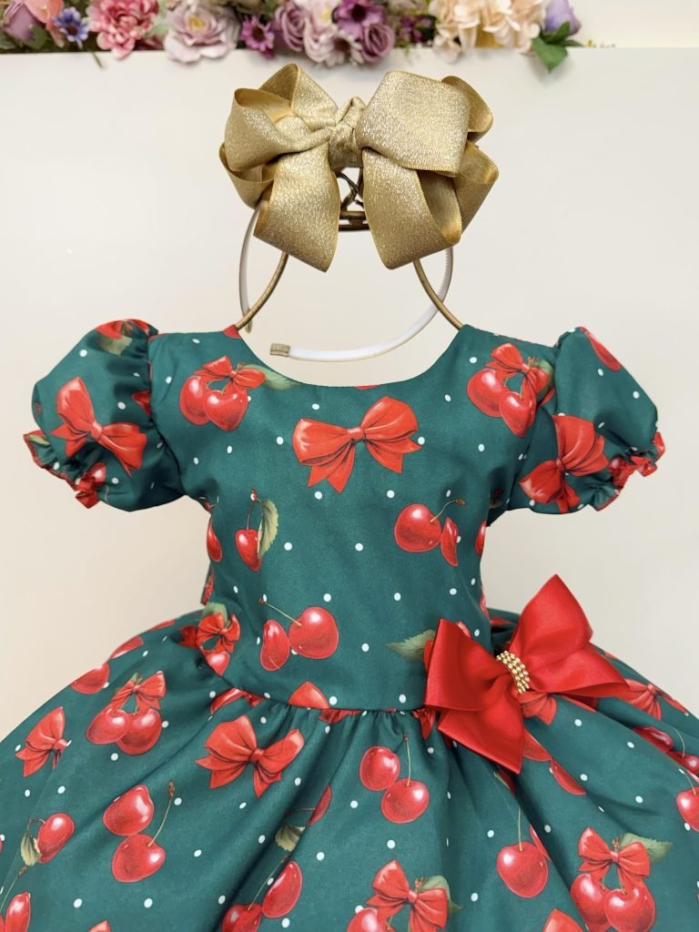 Vestido Infantil Verde Estampa Cereja Broche Daminhas Festas