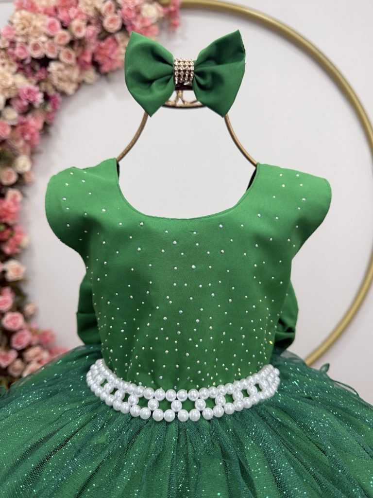 Vestido Infantil Verde Saia C/ Babados e Glitter Daminha