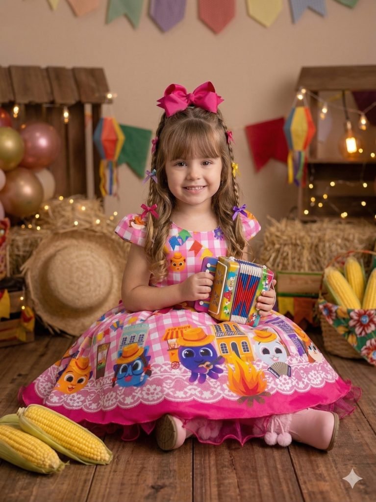 Vestido Junino Temáticos Kids Luxo Bolo Fofo Rosa