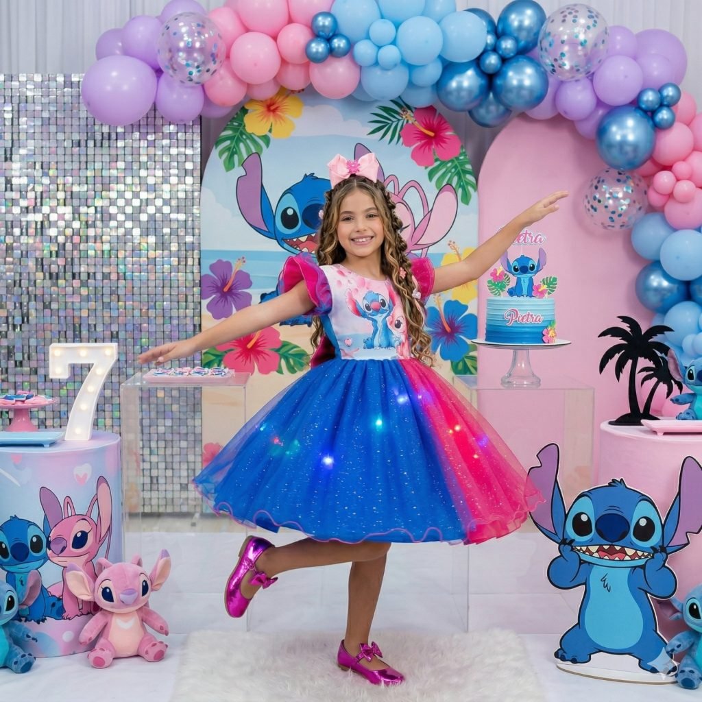 Vestido Tematicos Ysa Kids Lilo Stitch Pink e Azul com Led