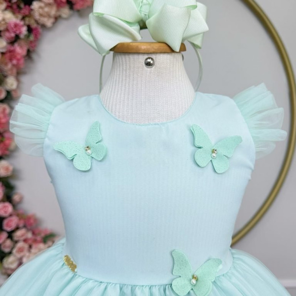 Vestido Infantil Verde Agua Jardim Encantado Apliques Festas