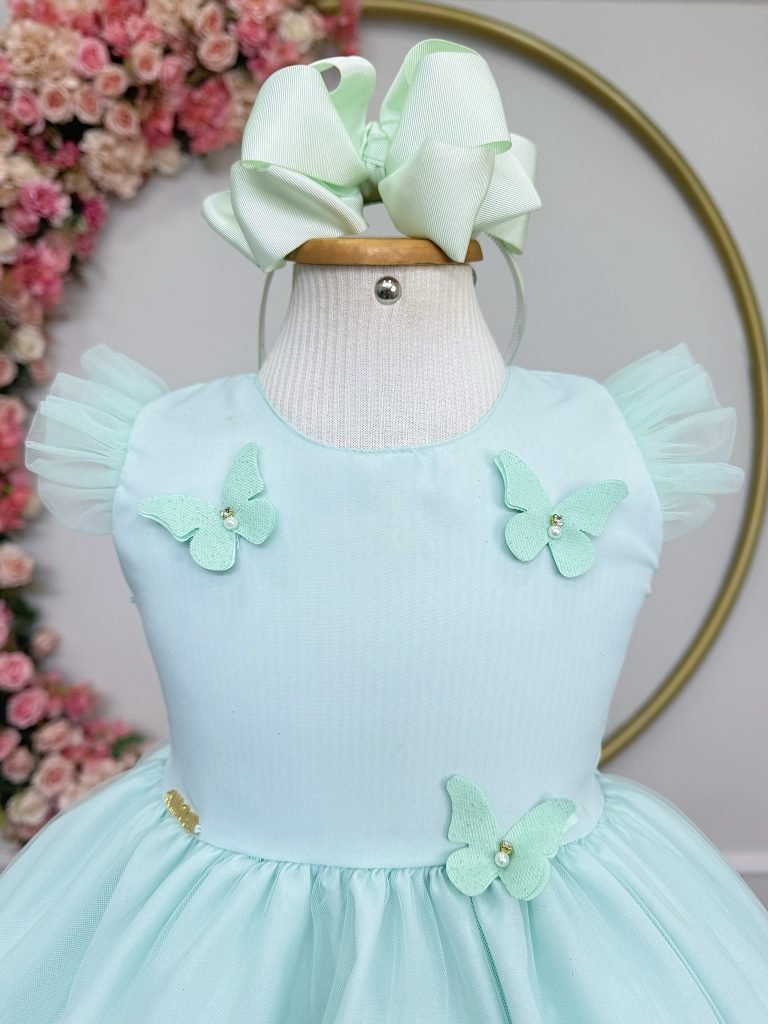 Vestido Infantil Verde Agua Jardim Encantado Apliques Festas