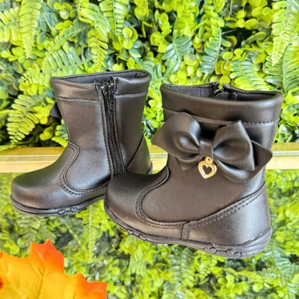 Botinha Infantil Preta Laço e Pinjente Com Zíper Super Luxo