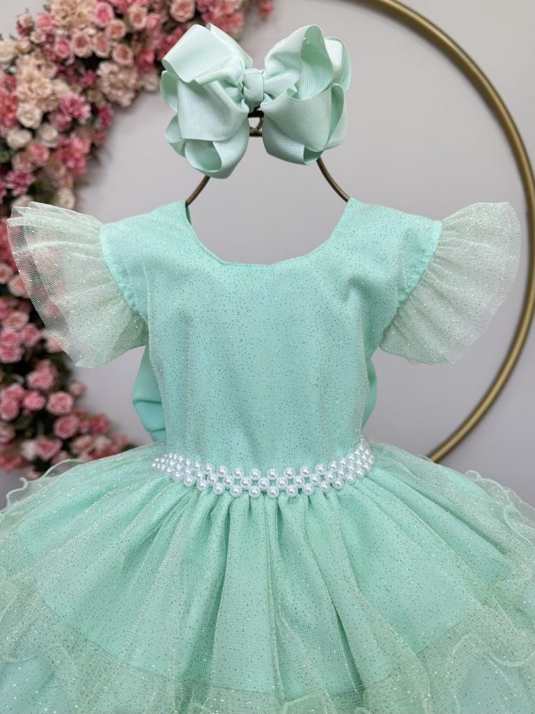 Vestido Infantil Verde Menta Saia C/ Babados e Glitter Festas