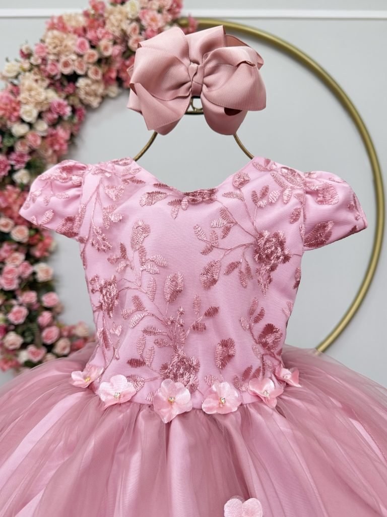 Vestido Infantil Jardim Encantado Rose Festa C/ Renda Luxo