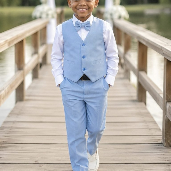 Conjunto Infantil Camisa Branca Calça Colete Gravata Azul Claro