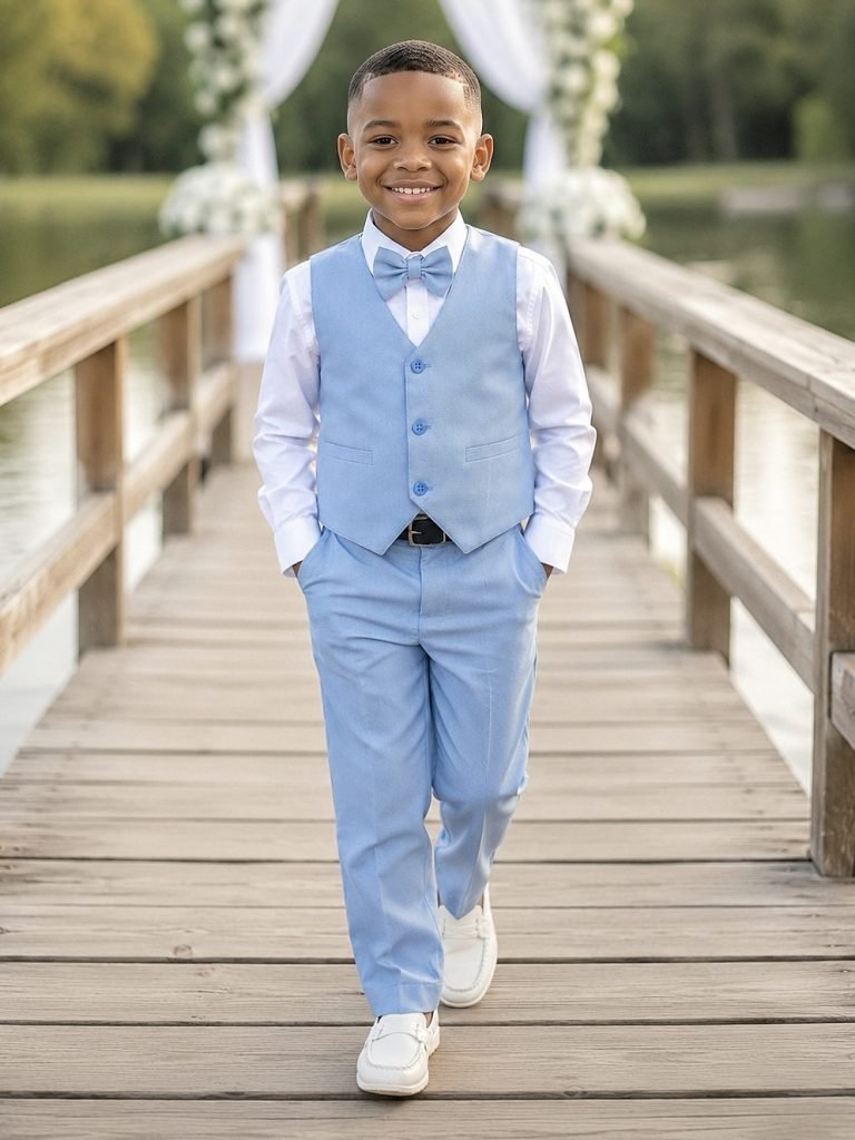 Conjunto Infantil Camisa Branca Calça Colete Gravata Azul Claro