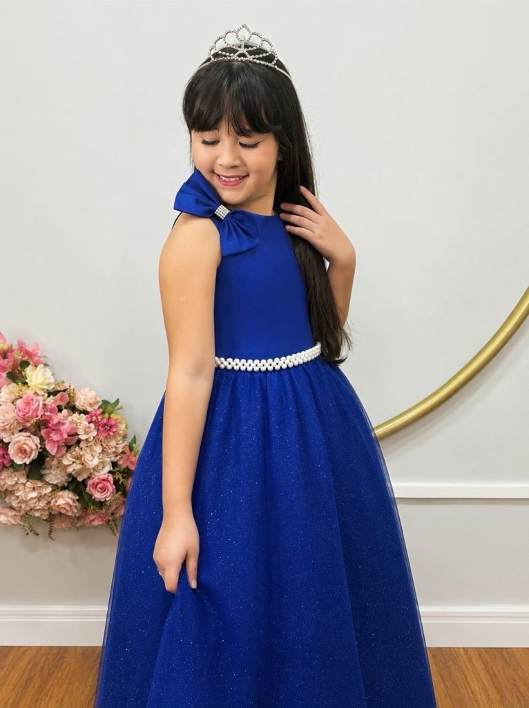 Vestido Infantil Longo Azul Royal Luxo Daminhas Formaturas